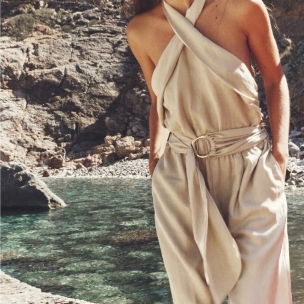Zara Cream Jumpsuit with Cross-Halter Neckline and Wide-Leg Fit